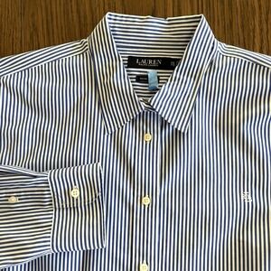Lauren Ralph Lauren Navy White Striped Button Down Shirt XXL Cotton Logo EUC